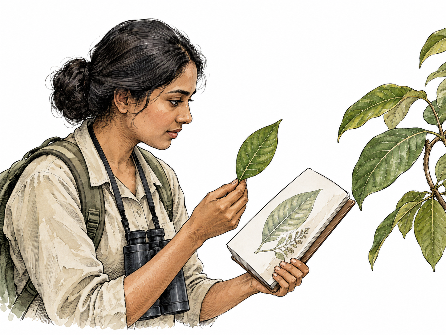 A South Asian botanist recognizes a leaf by comparing it with a botanical drawing.