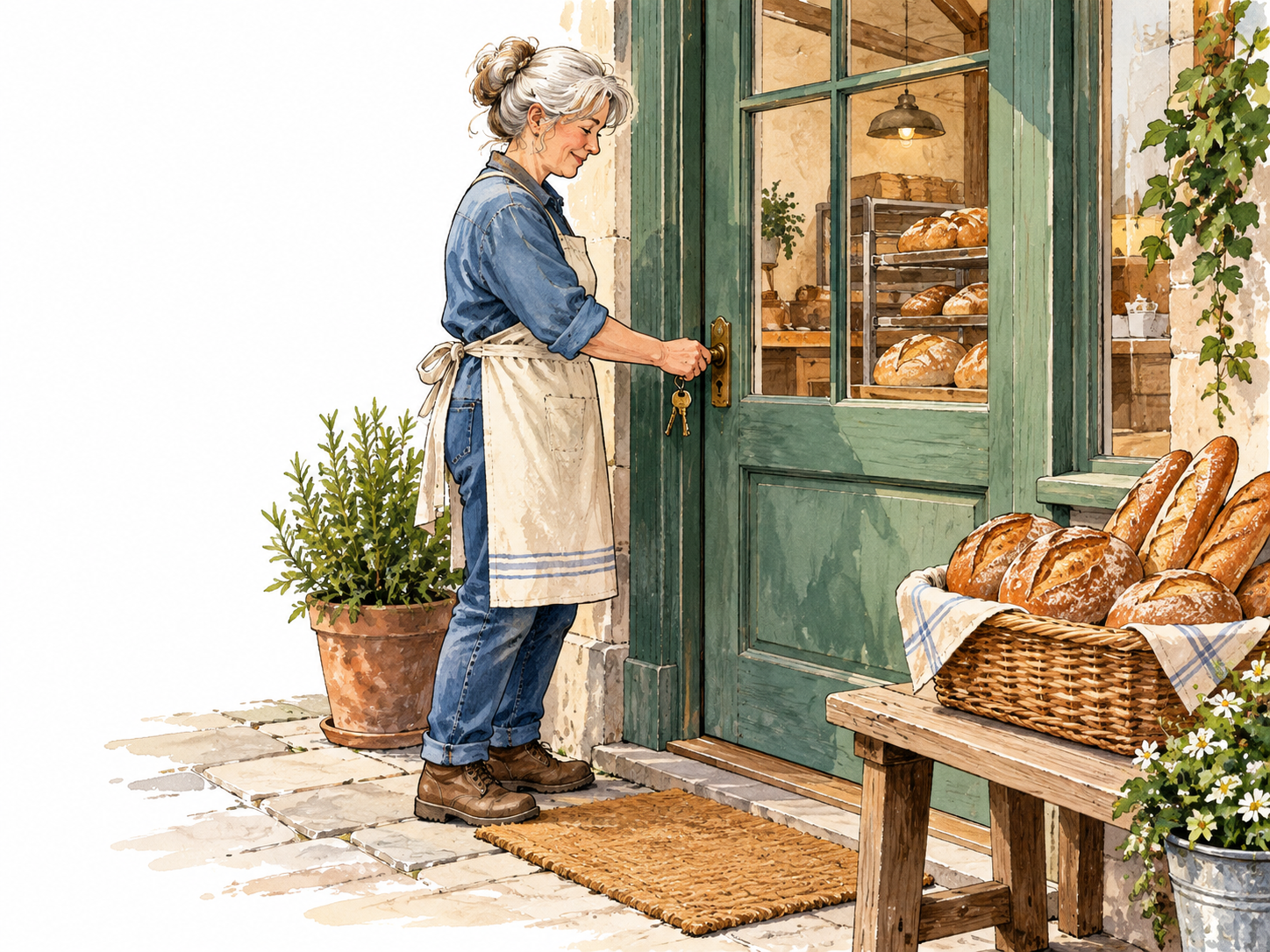 An older white woman unlocking her small bakery in the morning, apron and fresh bread, owner at her premises.