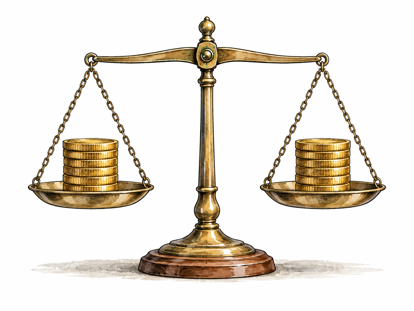 A level balance scale with equal stacks of identical coins on each pan.