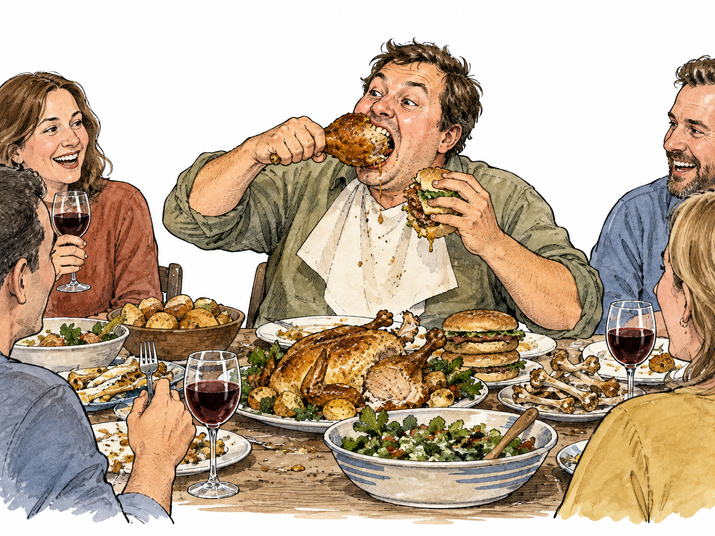 Adult eats excessive quantities at crowded dining table, no body-size stereotyping.