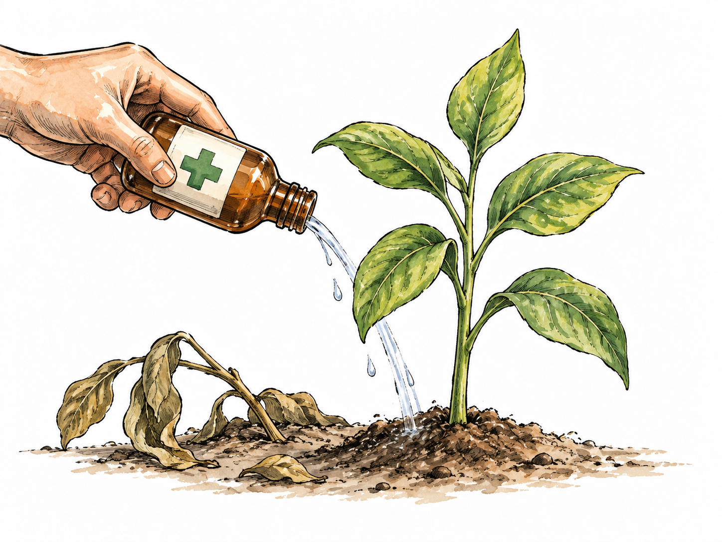 A treated wilted plant stands upright with healthy leaves, restored health metaphor.