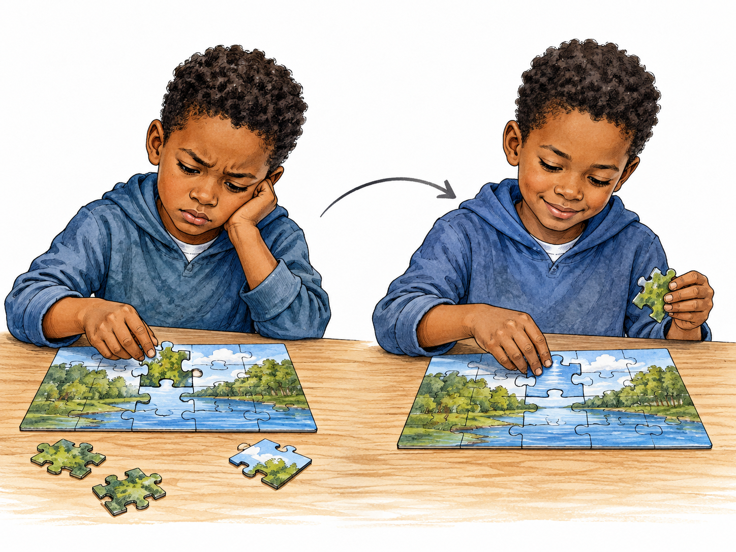 Black student notices incorrectly placed puzzle piece and corrects it.