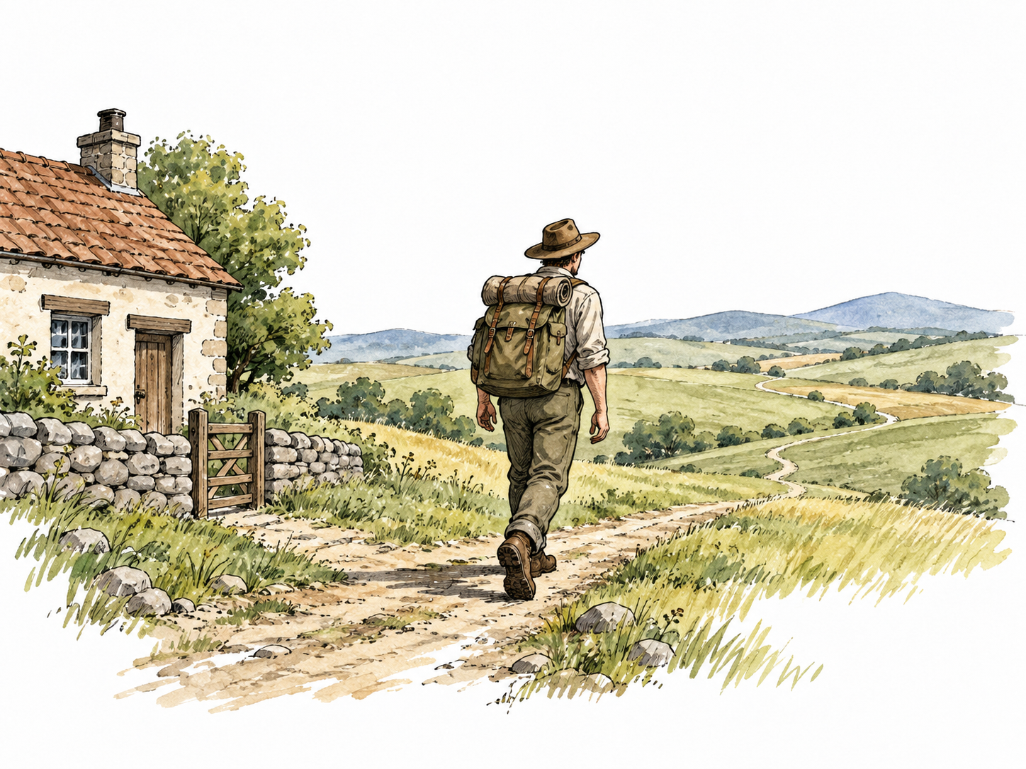 A traveler walks far beyond home into open countryside.