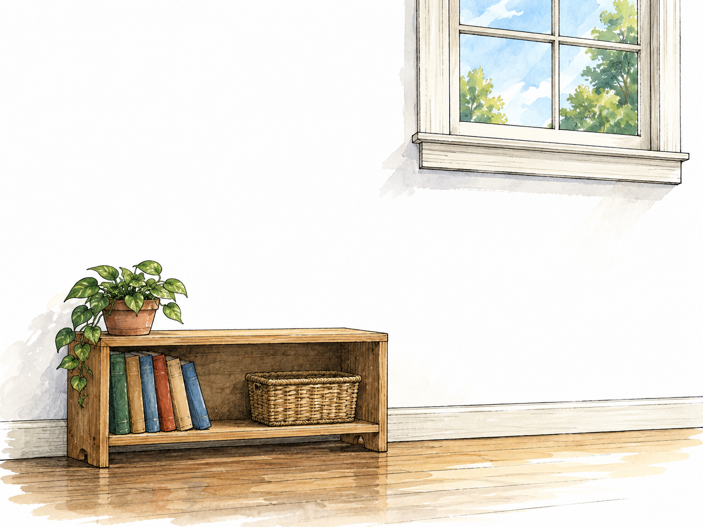 A low shelf sits near the floor beside a high window.