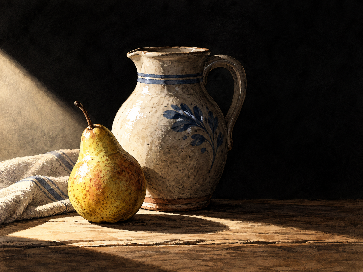 Still life of a pear and ceramic jug in dramatic light against deep shadow.
