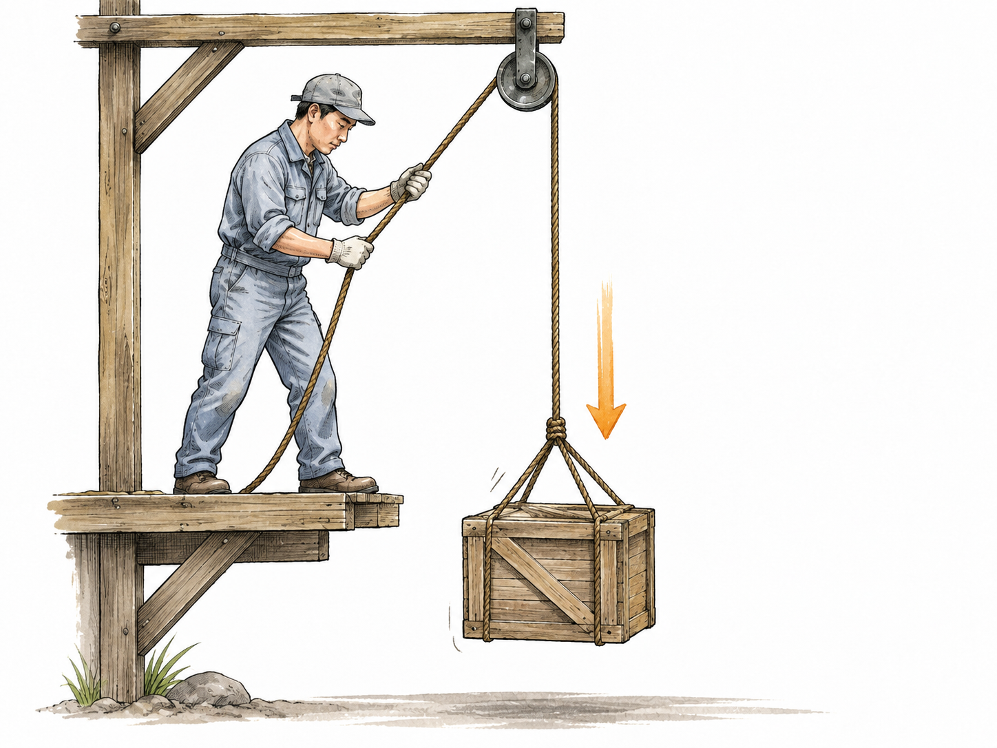 An East Asian technician carefully lowers a crate on a rope pulley.