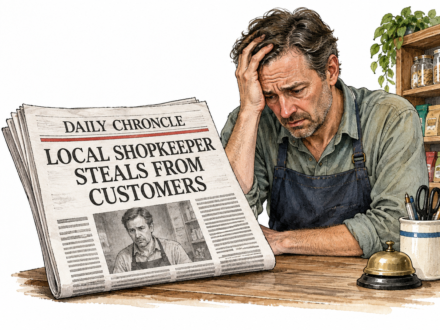Newspaper spreads false accusation about innocent shopkeeper, visibly distressed subject beside paper.