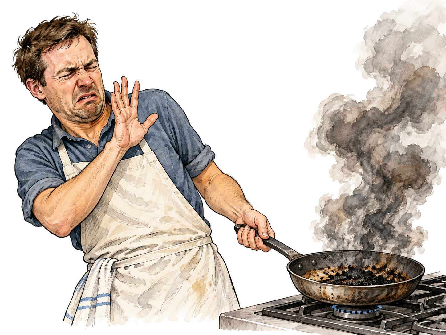 White cook recoils from harsh smoke of burnt pan.
