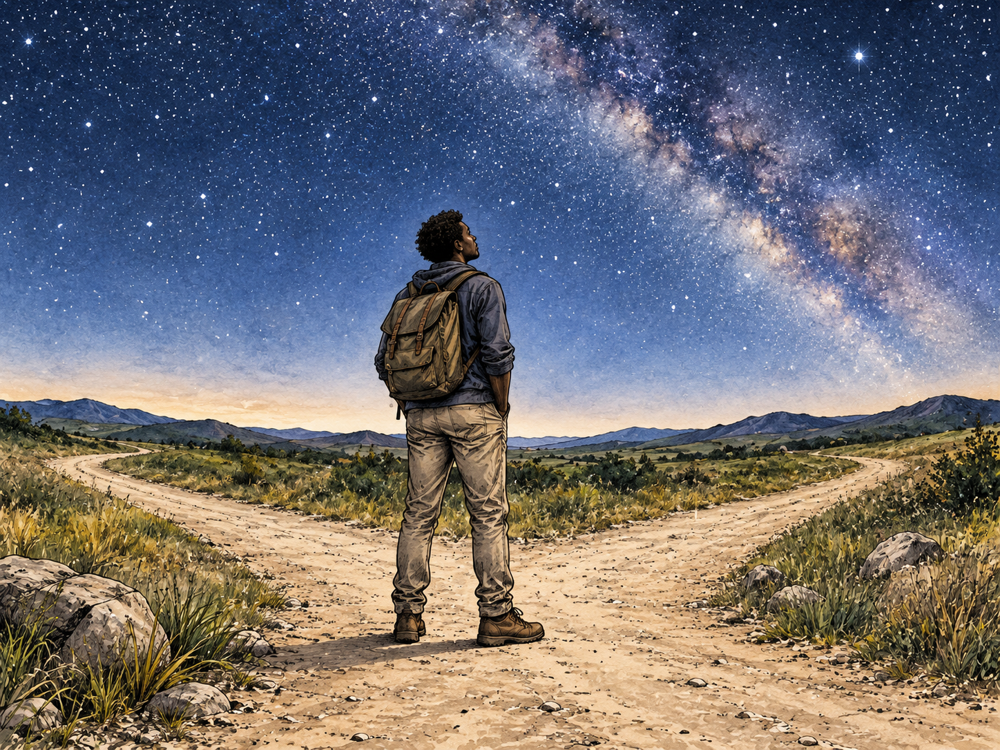 Young Black adult alone at crossroads under vast starry sky, reflective.