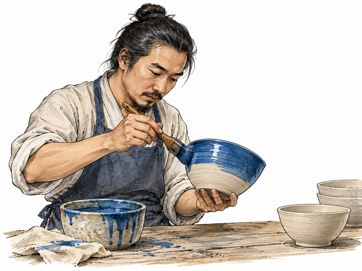 An East Asian potter brushing a glossy blue glaze onto a ceramic bowl, wet shiny coat visibly contrasts unglazed clay.