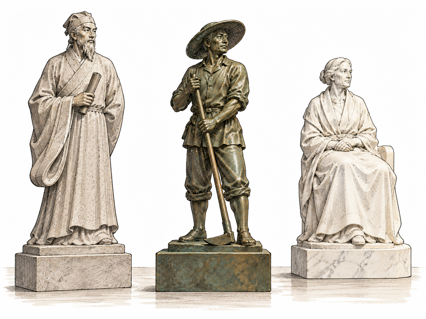 Museum collection of three fully clothed adult statues, a stone scholar in long robe, bronze farmer in work clothes, marble seated elder in long dress.