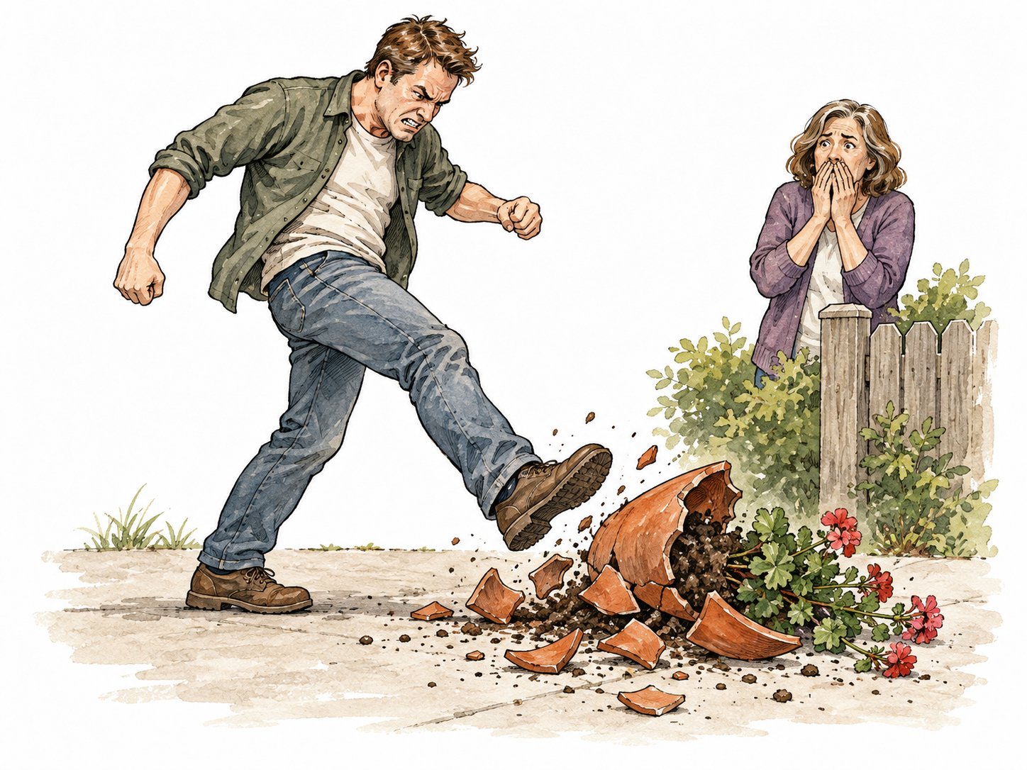 White adult deliberately breaks a neighbor's treasured pot in anger, clearly unjustifiable conduct.