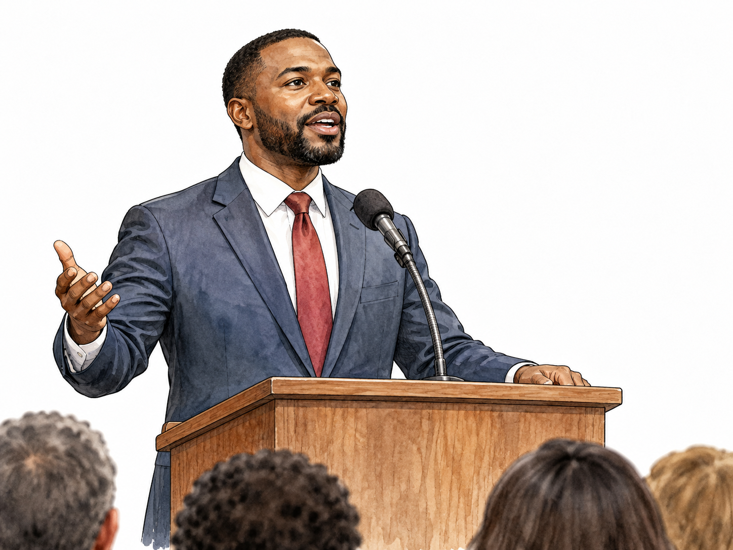 A Black man publicly announces his decision at a microphone, steady open posture.