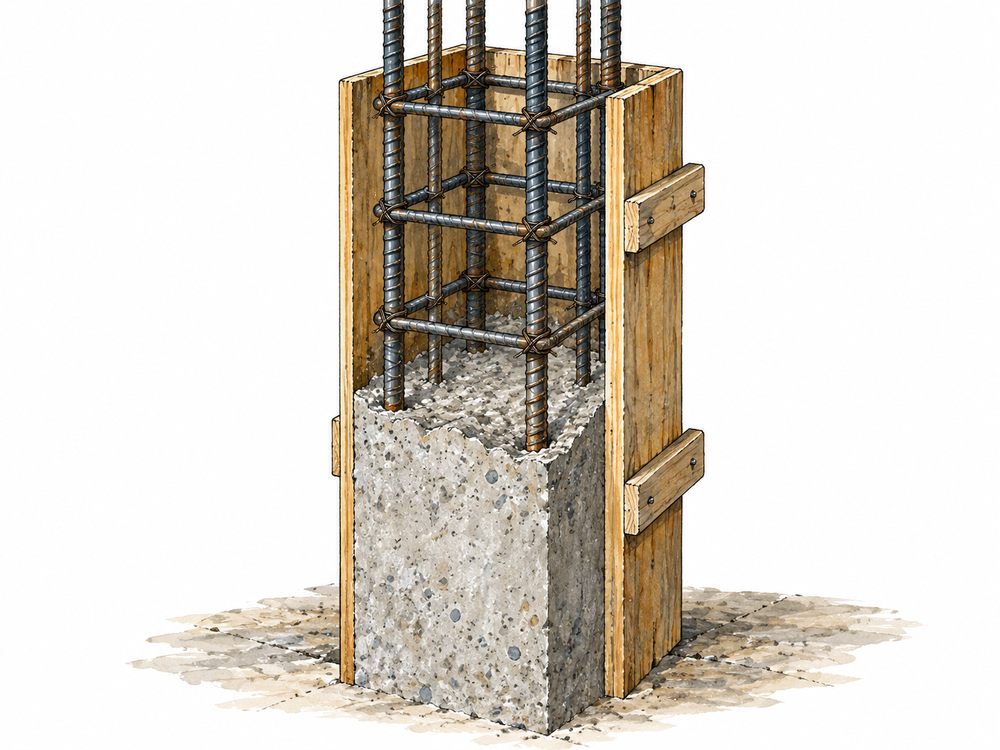 Steel rebar cage inside partially poured concrete column.