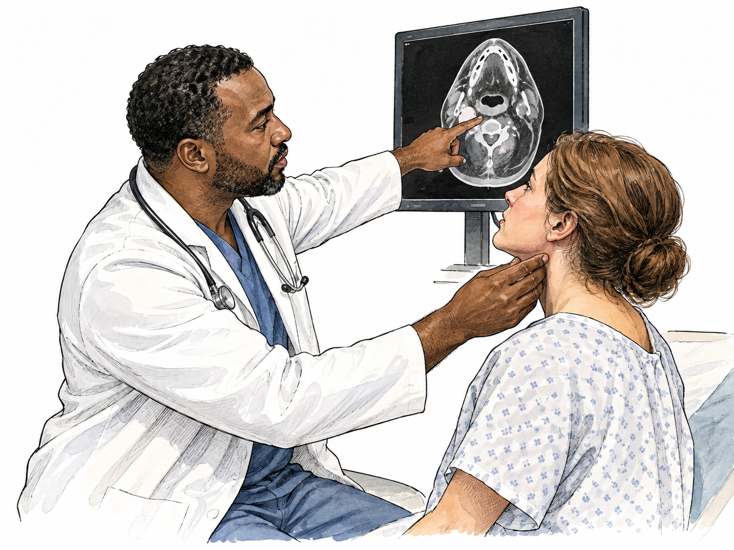 Black physician identifies illness from scan and examination.