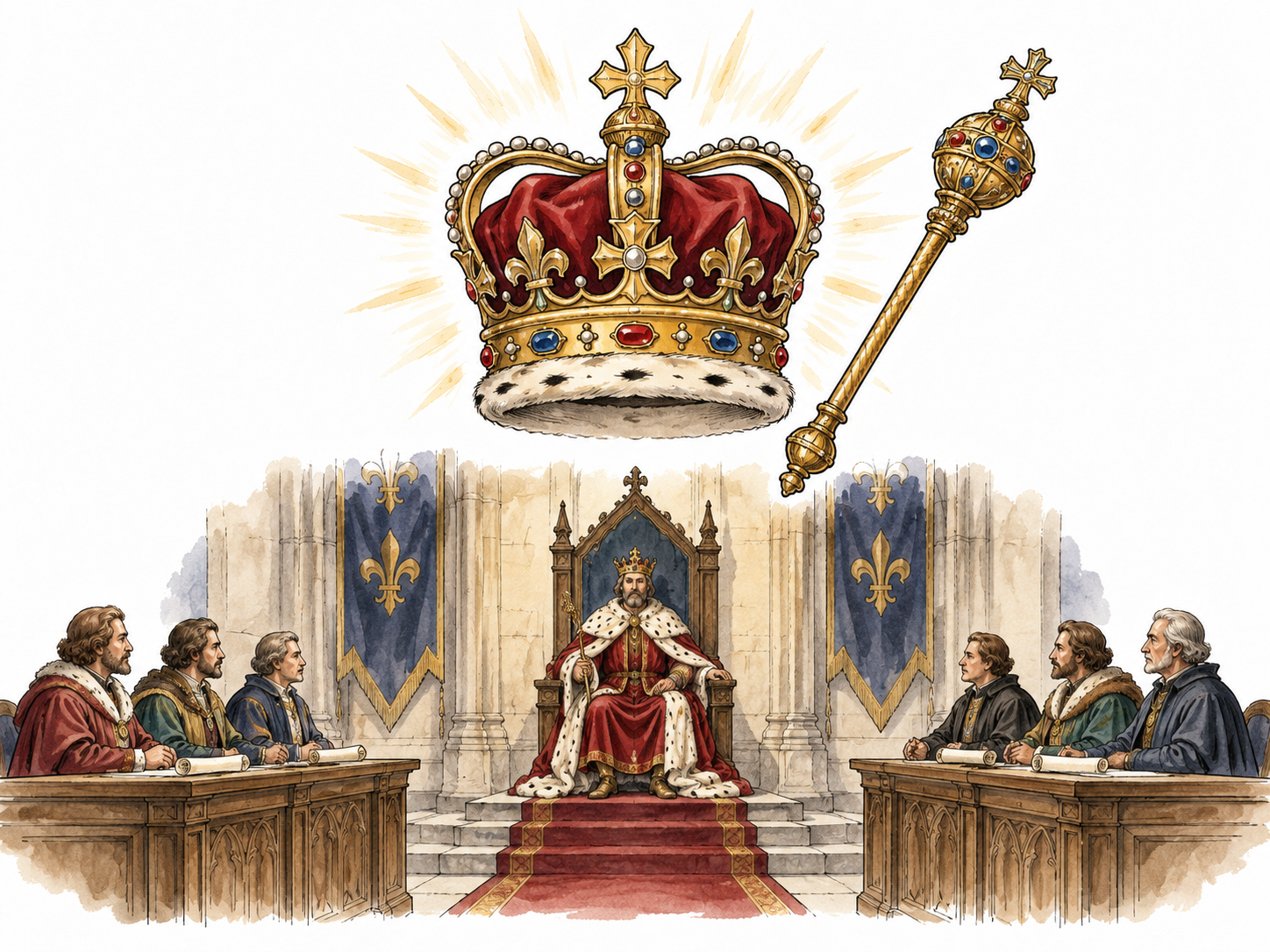 A royal crown and scepter above a formal council chamber, hereditary government.