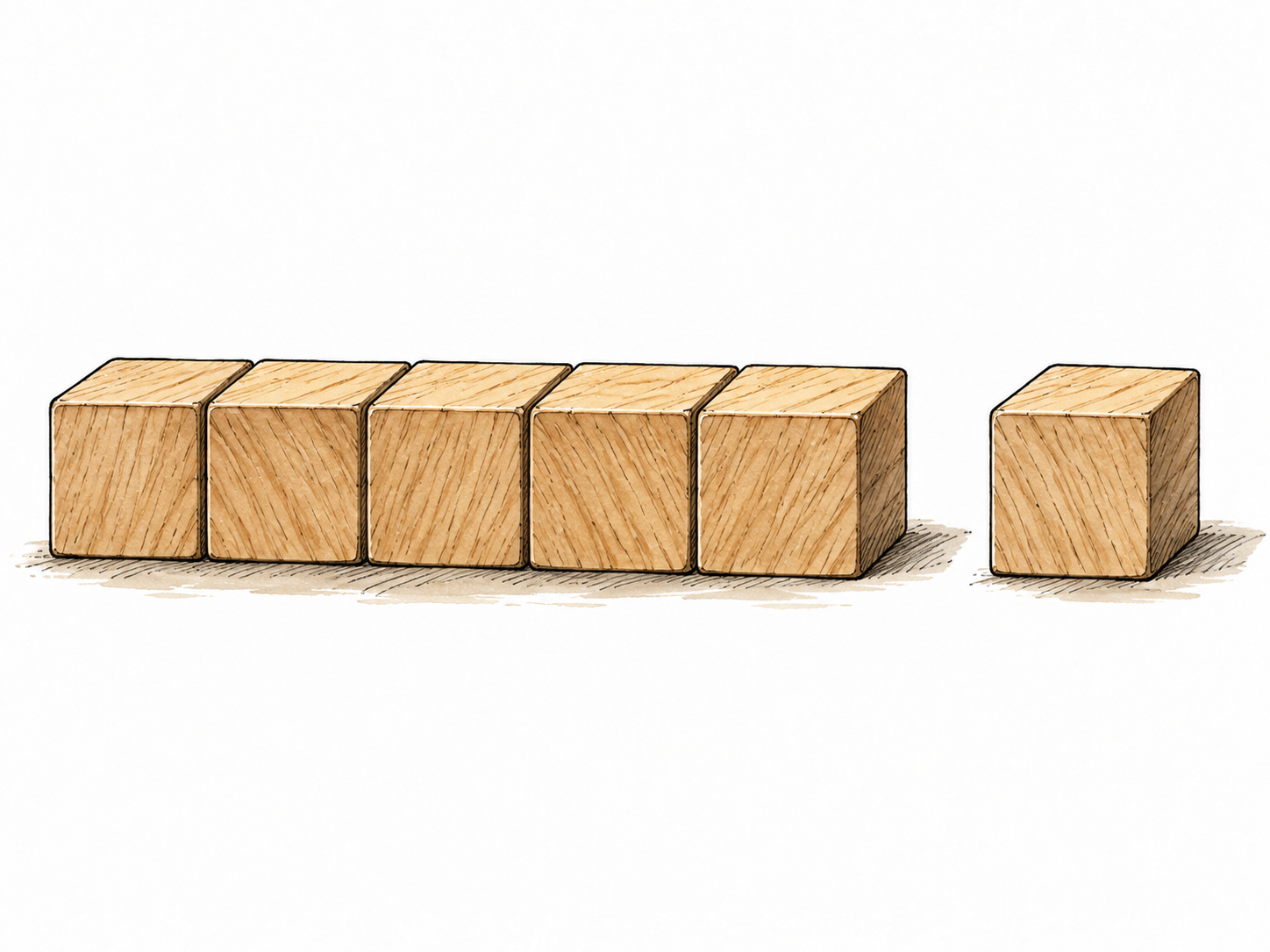 One wooden block separated slightly from a row of identical blocks.