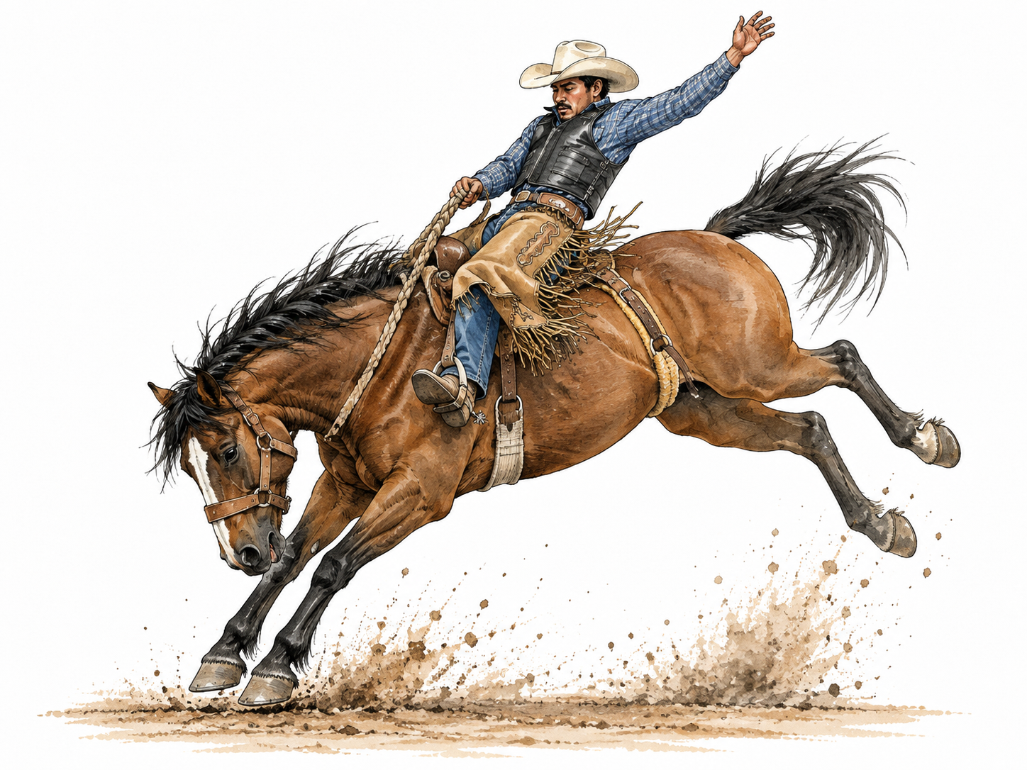 Latino rodeo rider stays on bucking horse, anatomically natural.