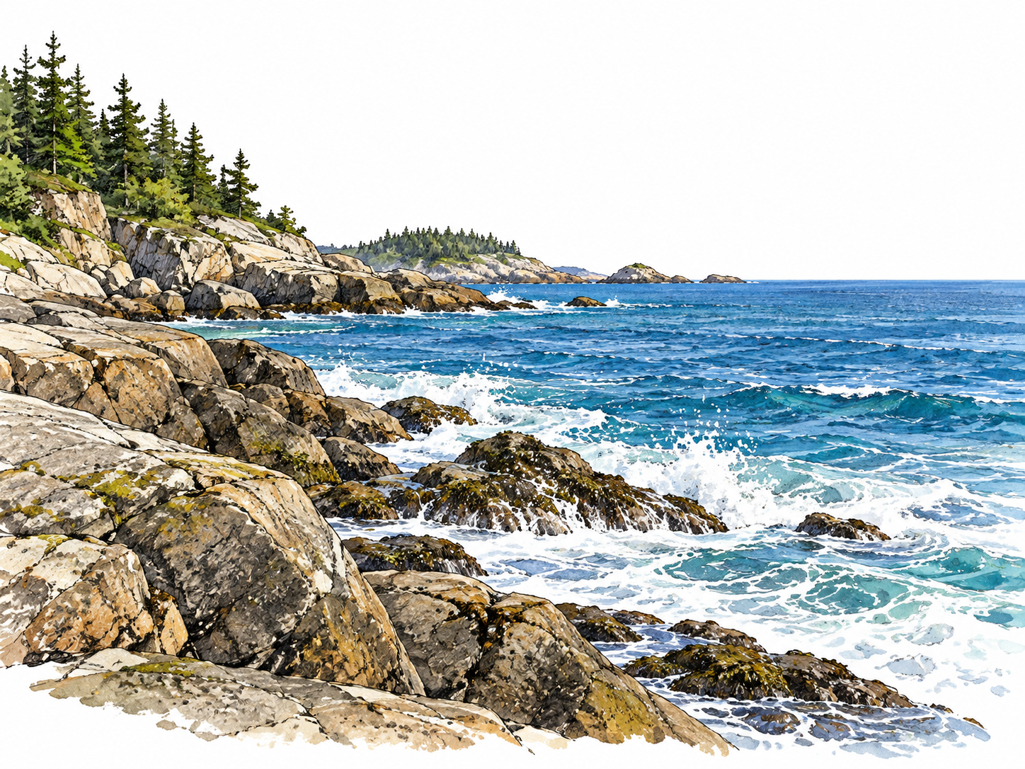 Rocky shoreline meets blue ocean.