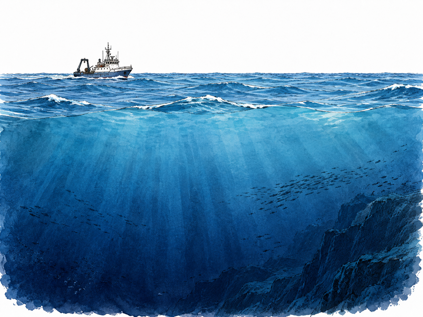 A tiny research vessel dwarfed by a vast blue ocean with deep layers of water suggested below, sea-related vastness.