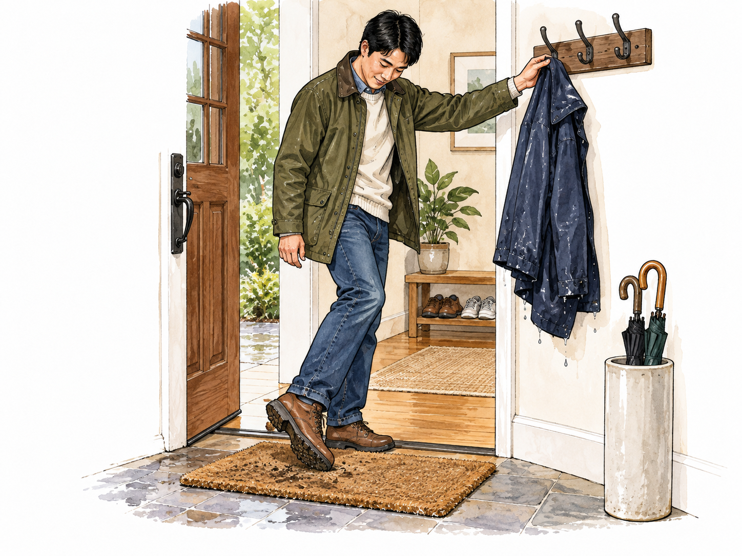 An East Asian guest wiping shoes on a doormat and hanging a wet coat before entering a clean home.