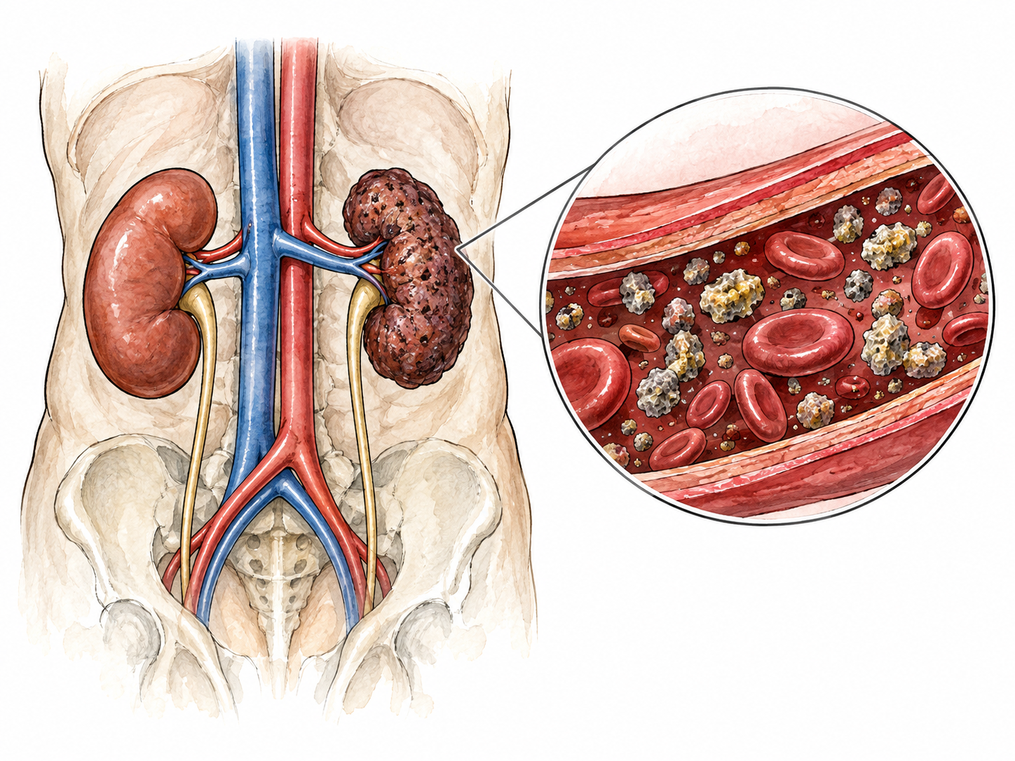 Medical kidney-blood diagram showing impaired kidney and waste particles remaining in bloodstream.