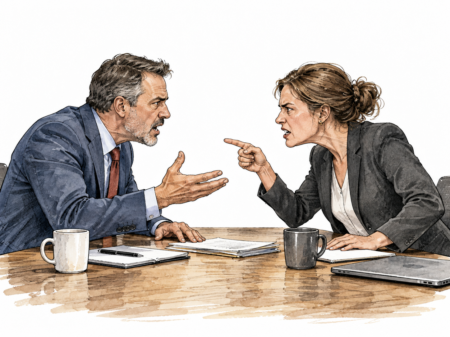 Two middle-aged adults argue bitterly across meeting table.