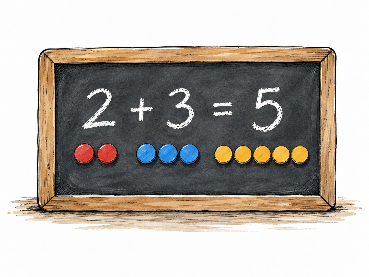 Simple arithmetic board reading '2 + 3 = 5' with matching counters.