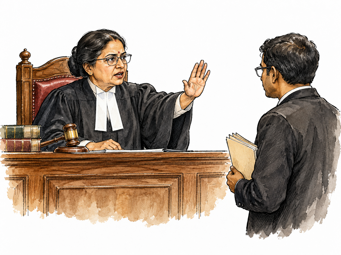 A South Asian judge giving a firm directive with raised hand while an official receives the order, no text.