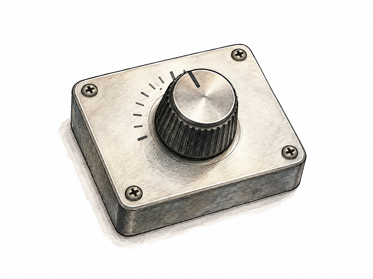 A simple physical rotary volume-control knob on a small blank electronic panel, specific functional widget.