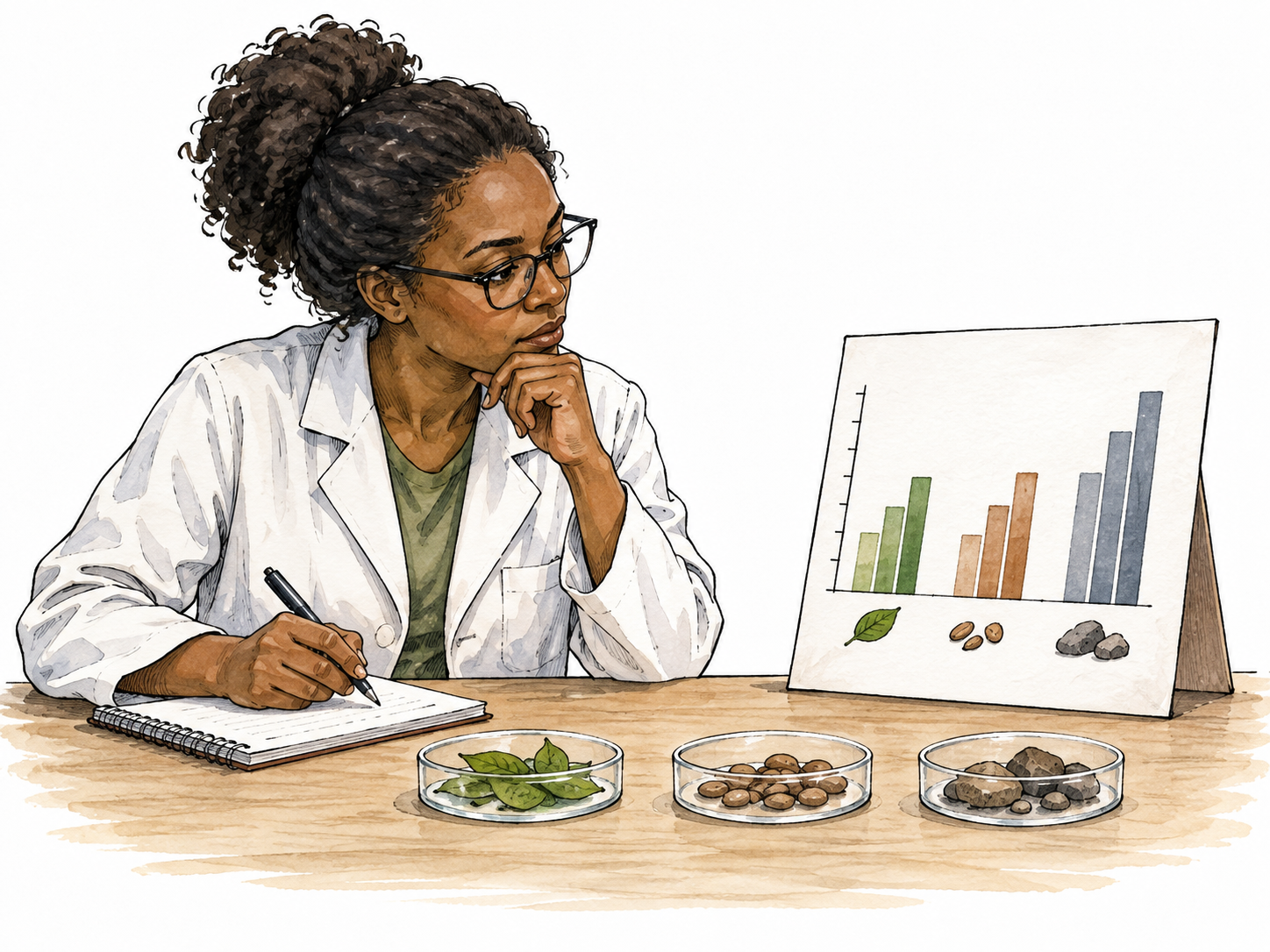 Black scientist studies a clear chart and arranged sample groups with careful reasoning.