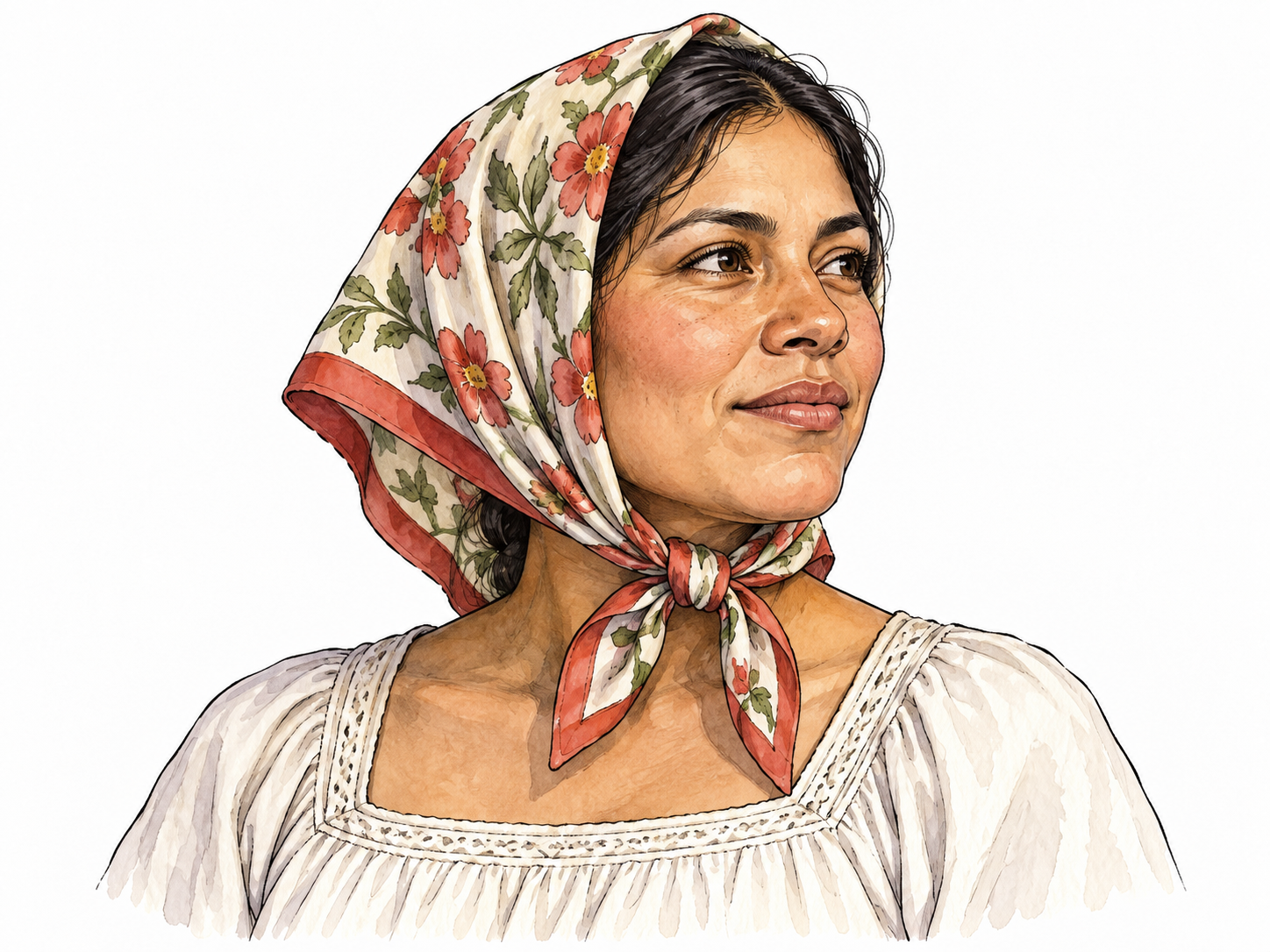 A Latino woman wearing a simple triangular-folded square kerchief over her hair, tied securely under chin.