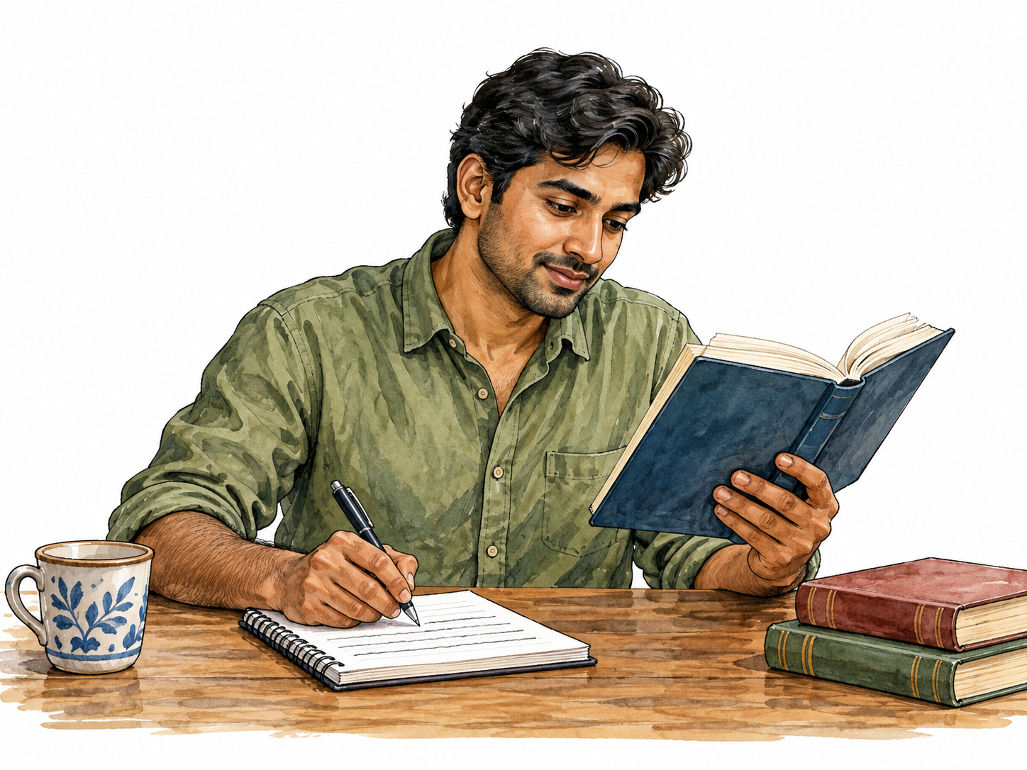 A South Asian man confidently reading a book while writing a few lines in a notebook, attentive comprehension.
