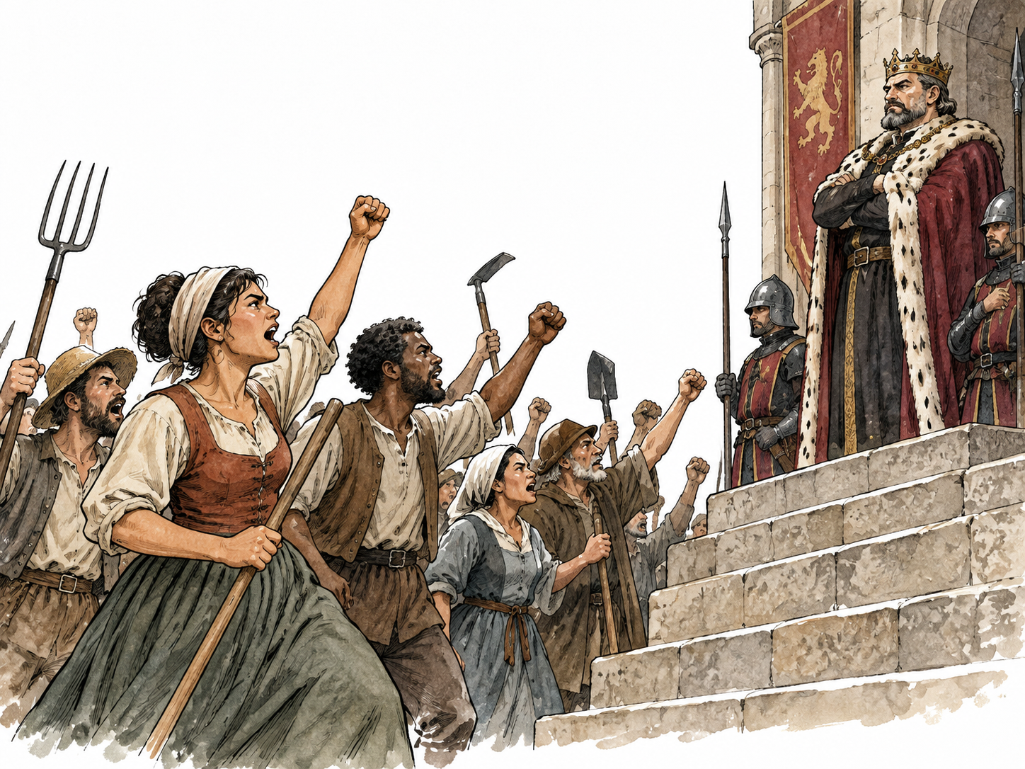 Diverse townspeople rise in protest against oppressive ruler, no gore.