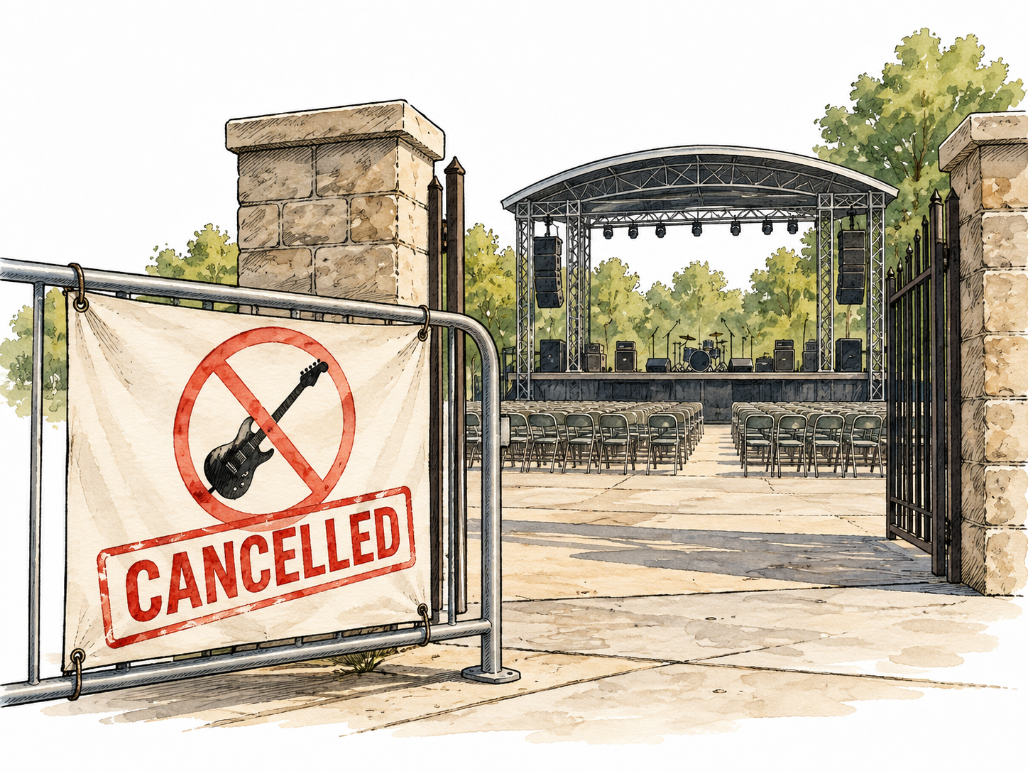 Empty concert venue with cancelled notice at entrance.