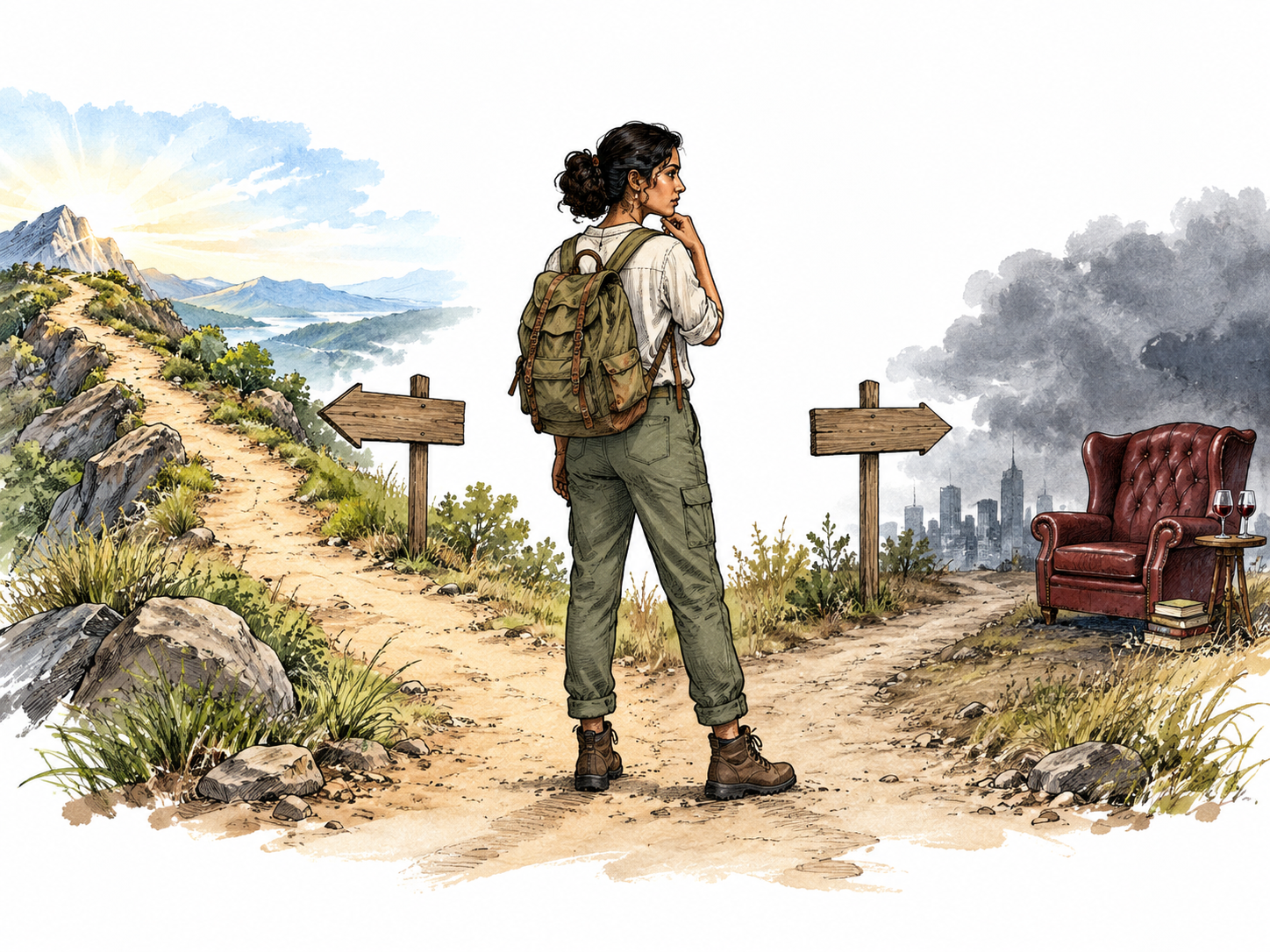 South Asian woman considers two paths and deliberately chooses one, sober freedom and responsibility.