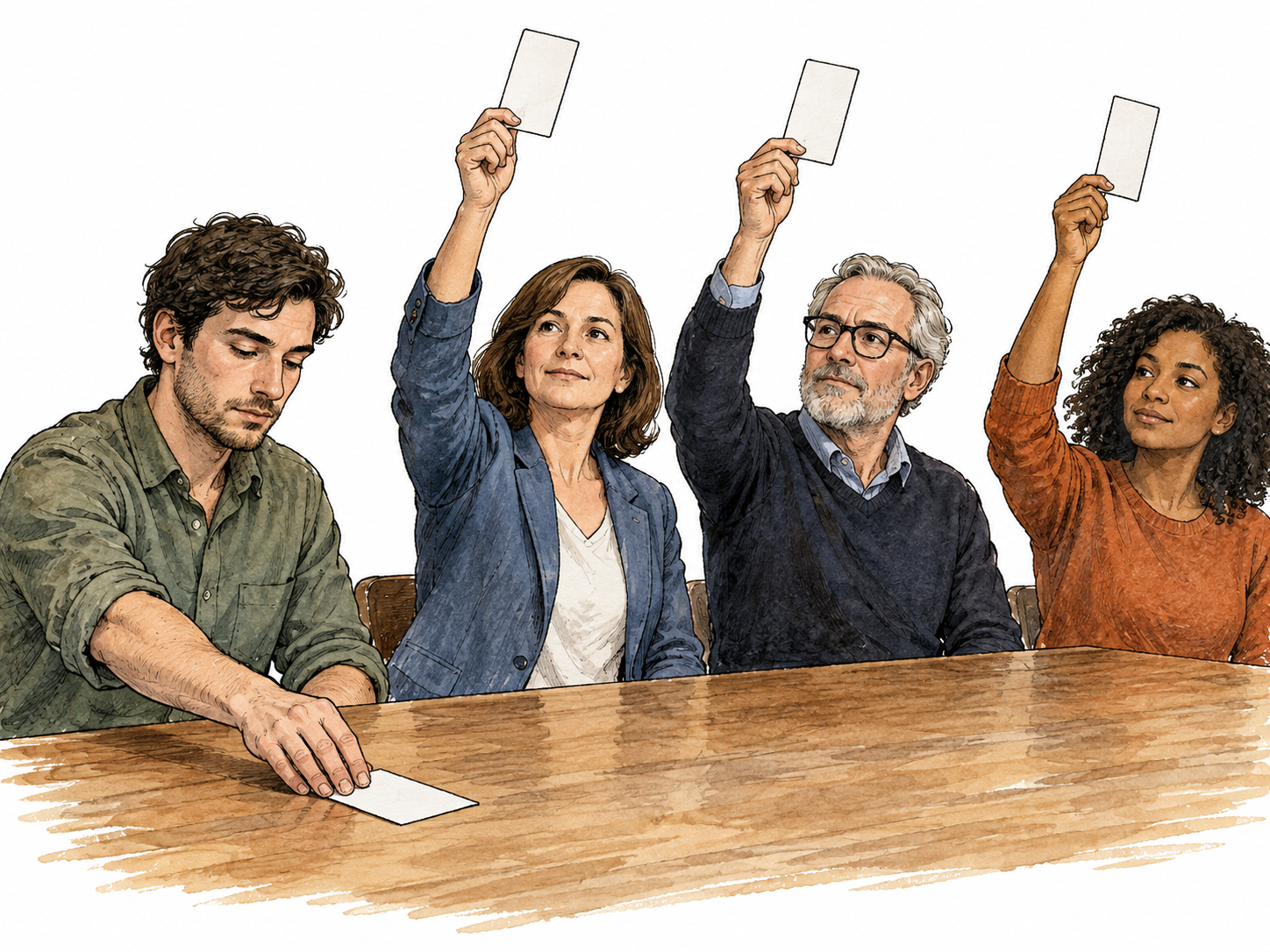 One person leaves voting card on table while others raise theirs.