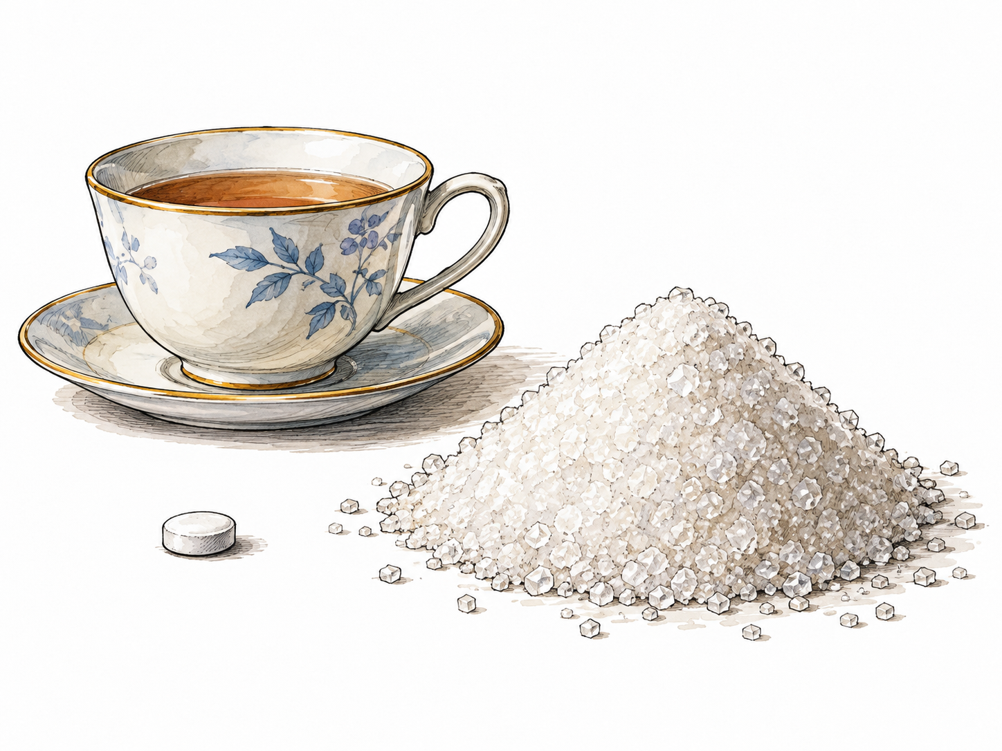 A small artificial-sweetener tablet beside a teacup and a much larger pile of sugar, no labels.