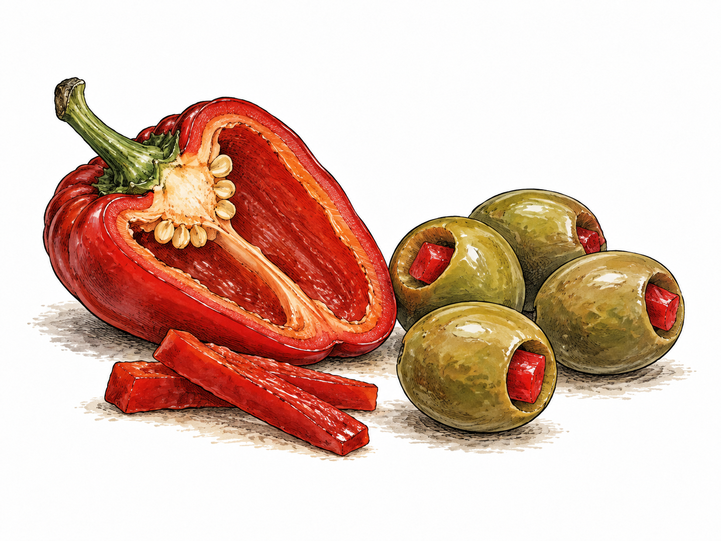 A mild red pimento pepper cut open beside several green olives stuffed with red strips, natural food.