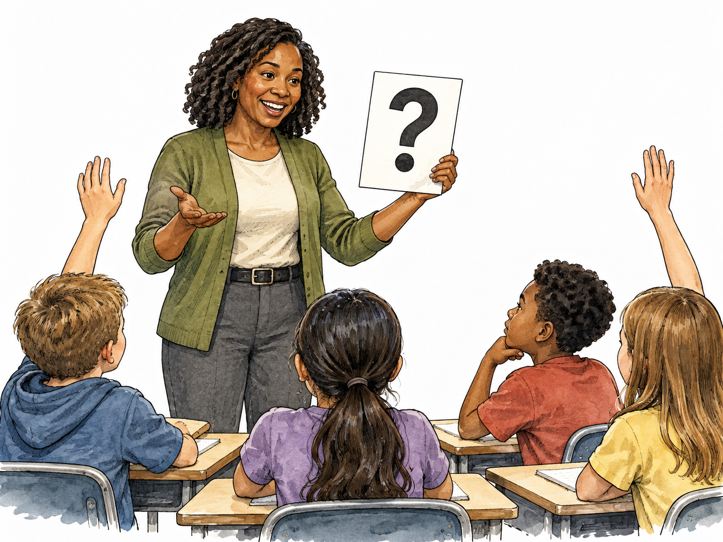 Friendly Black teacher holds up question-mark card while asking class.