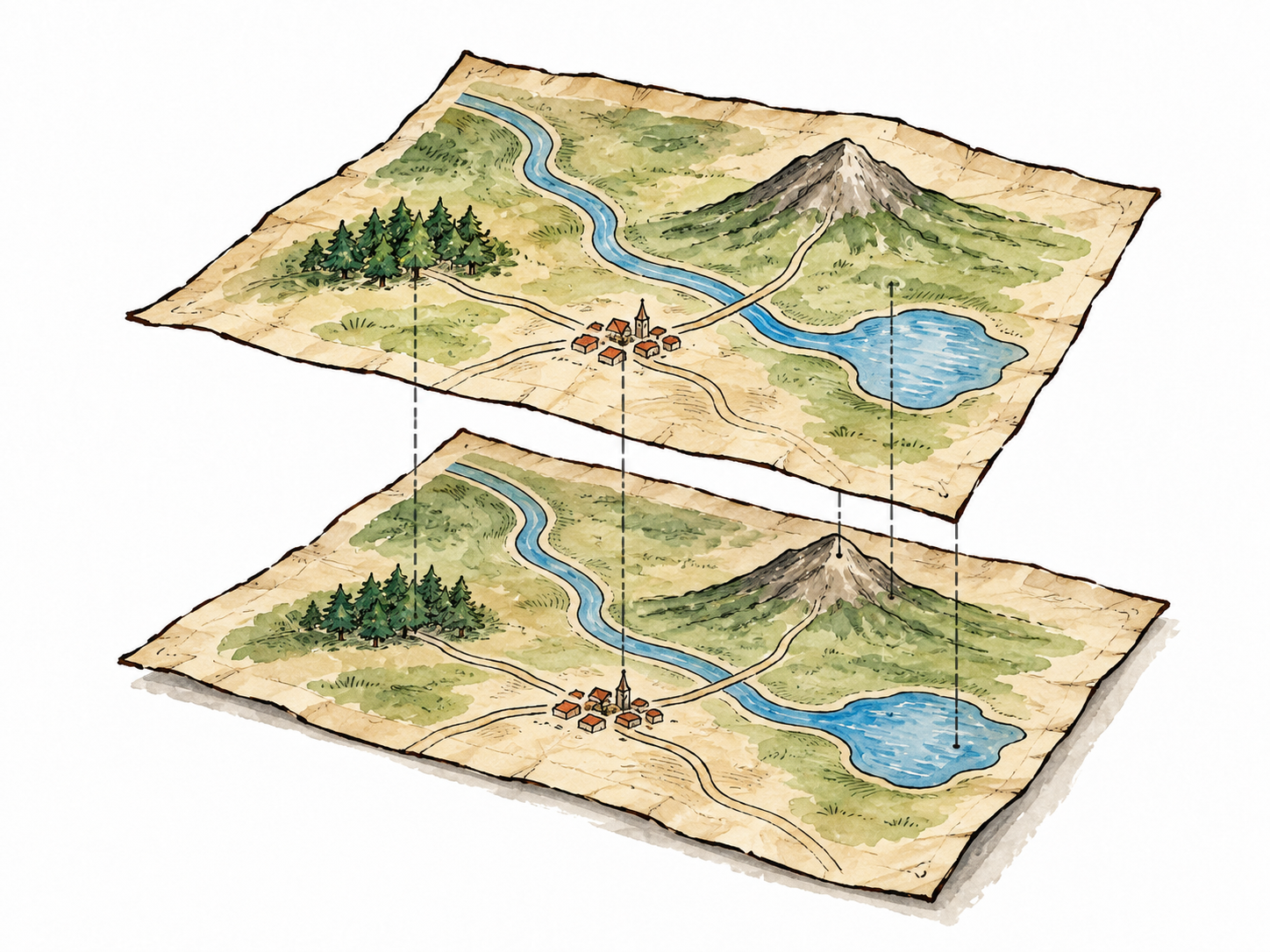 Two independently drawn maps align exactly at their shared landmarks, agreement.