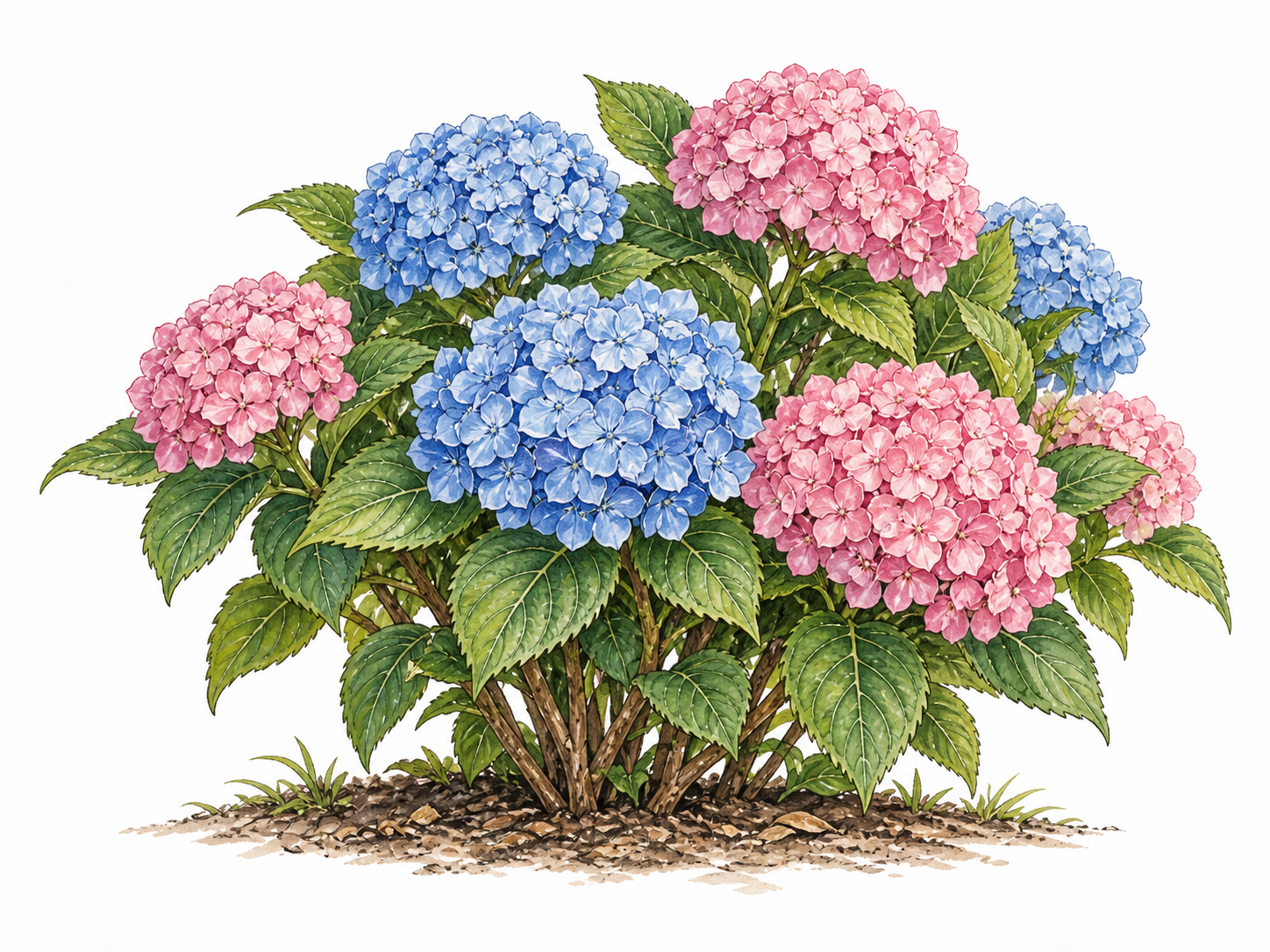 A flourishing hydrangea shrub with rounded blue and pink flower clusters.