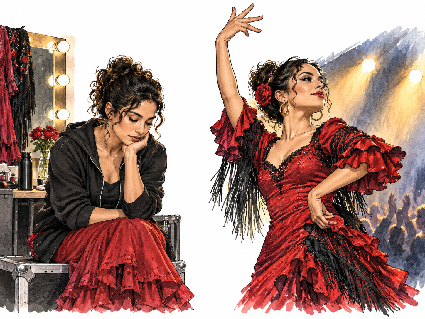 Latina performer projects confident stage character while quietly thoughtful backstage reflection.