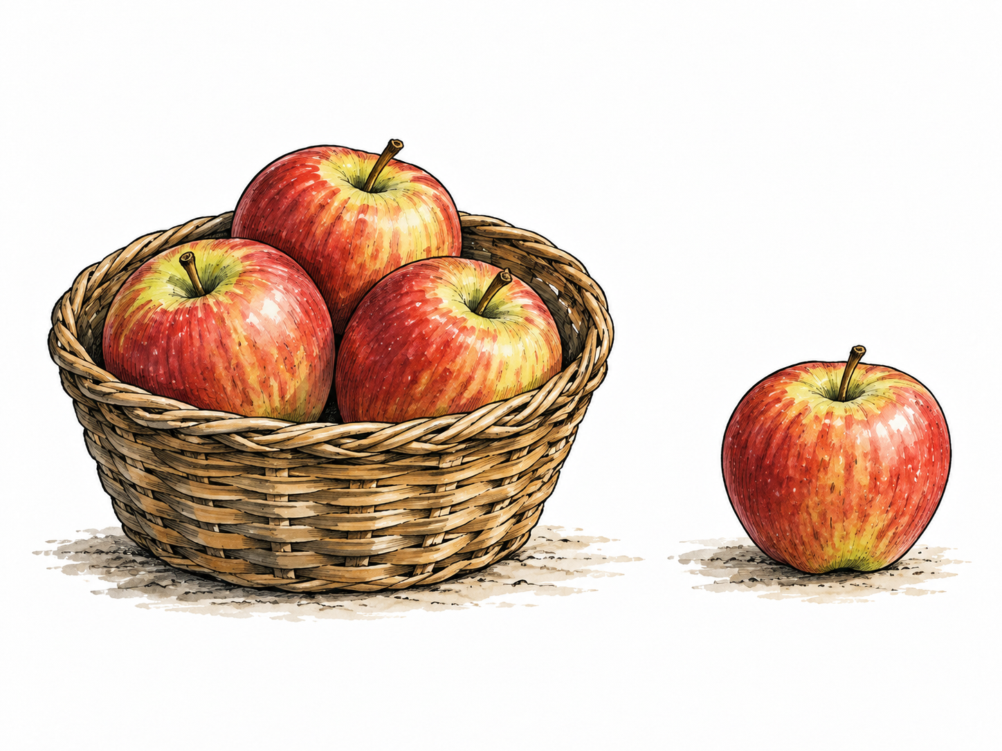 One basket with three apples beside one single apple, clearly threefold quantity.