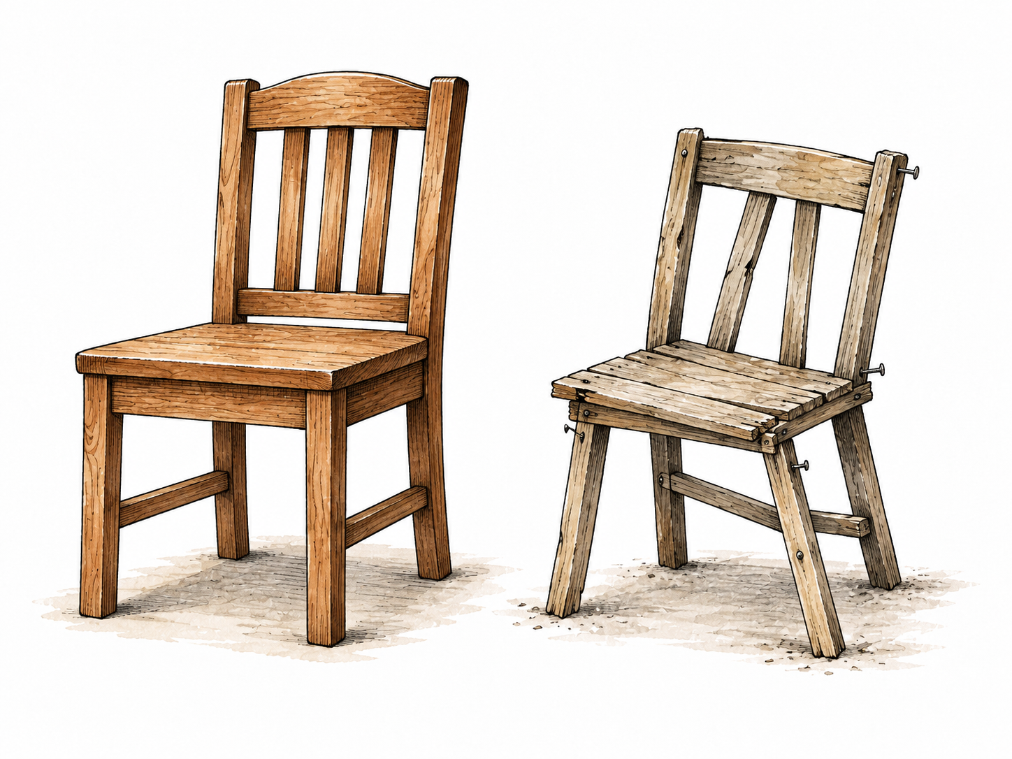 A carefully crafted sturdy chair beside a poorly joined wobbly chair.