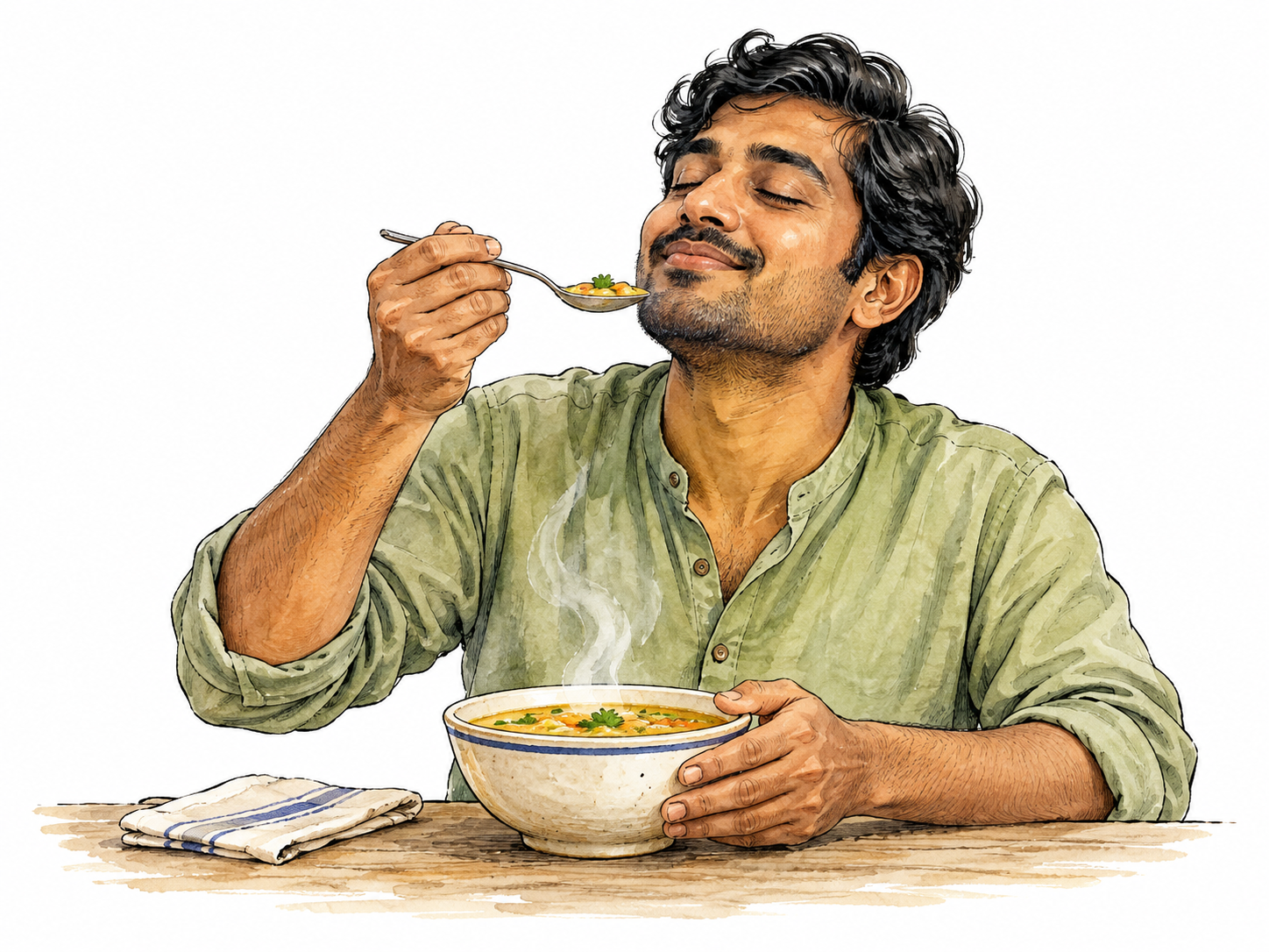 A South Asian man savors a spoonful of soup with absorbed delight.