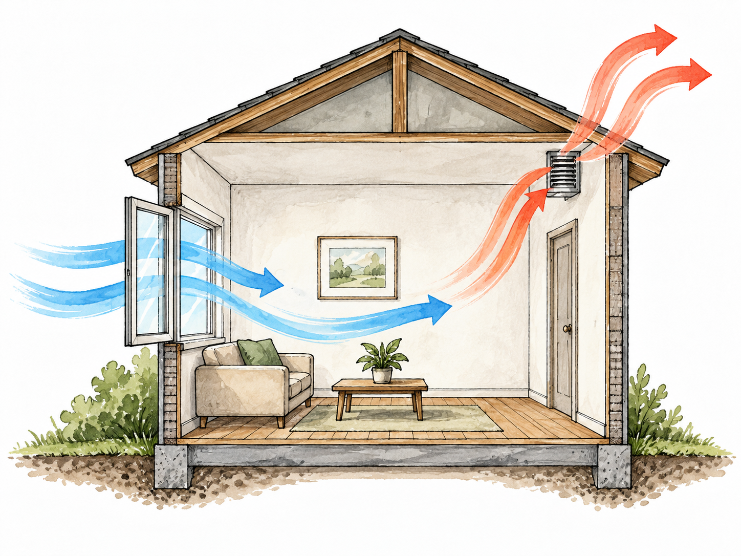 Clean cross-section room with simple arrows showing fresh air entering and stale air leaving.