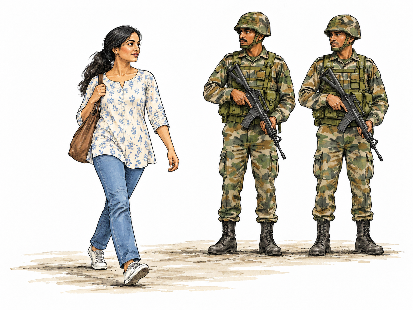 A casually dressed South Asian woman walks past uniformed military personnel, clearly a civilian.