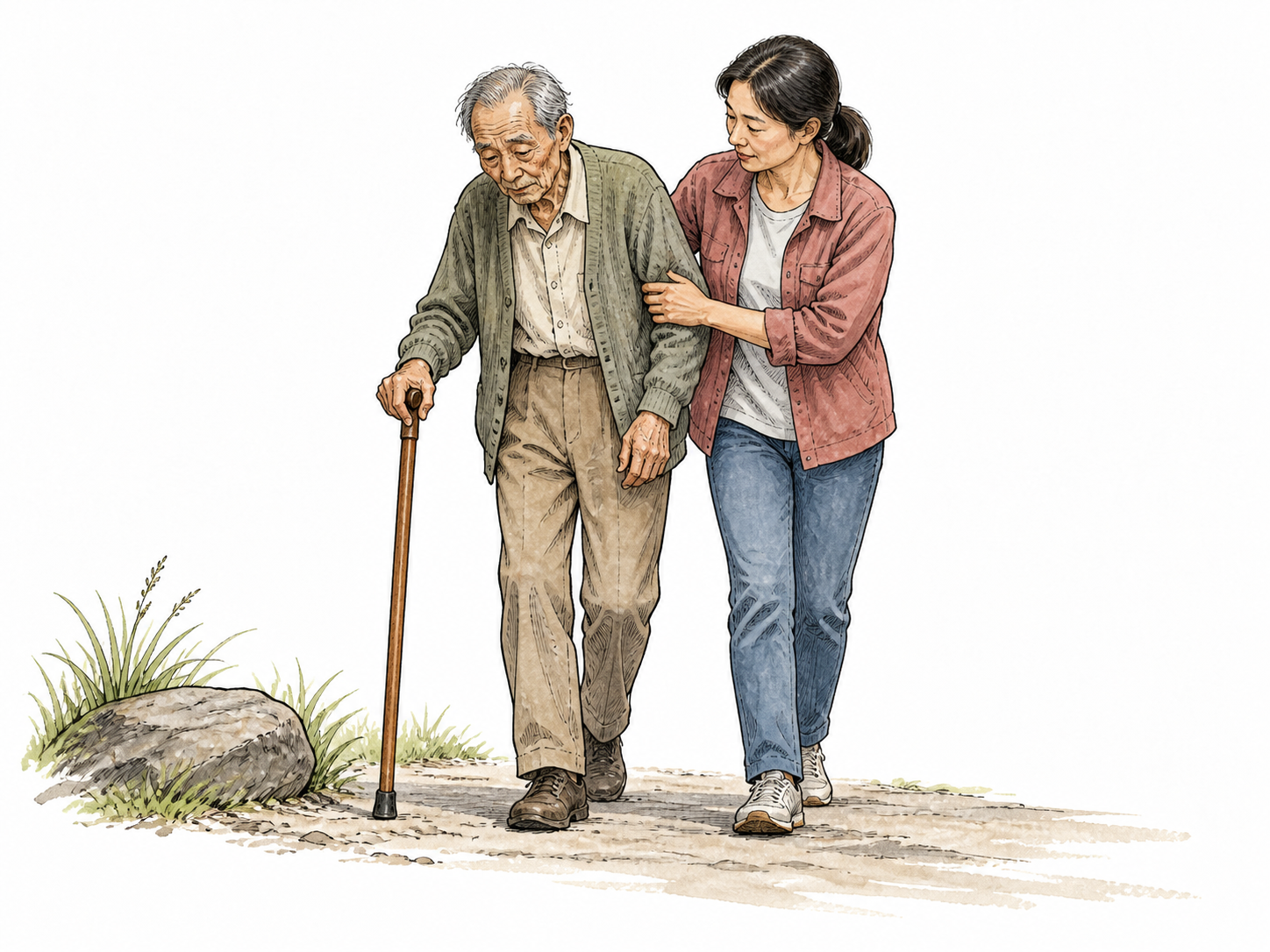 A frail older East Asian man walks carefully with a cane and supportive companion.