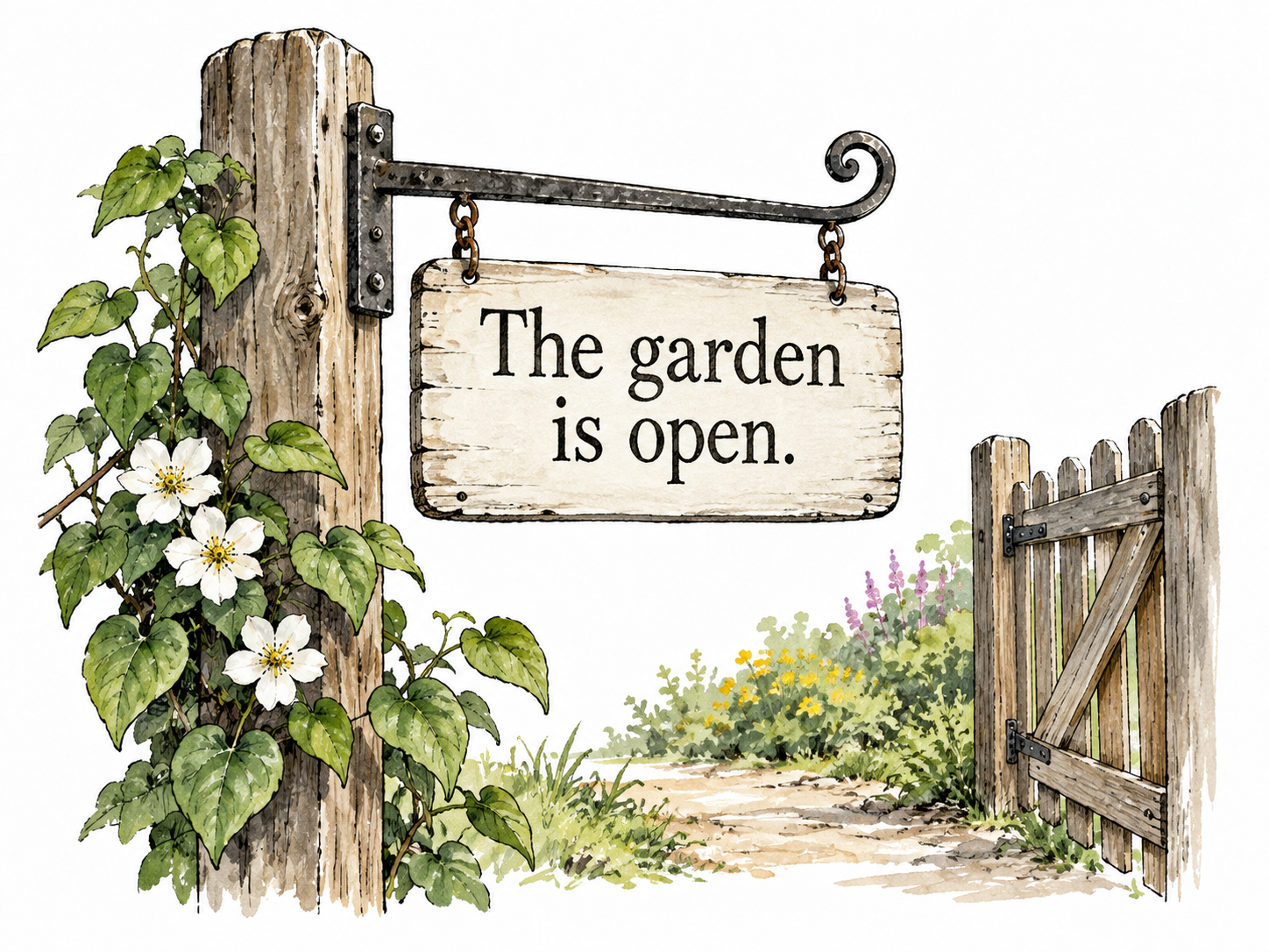 A clearly written card reading exactly 'The garden is open.' in crisp dark lettering.